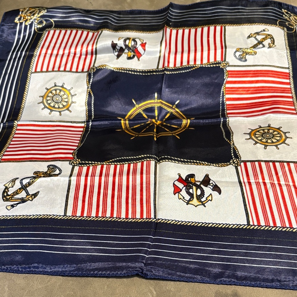 Nautical Print Silk Scarf in Navy, Red & White